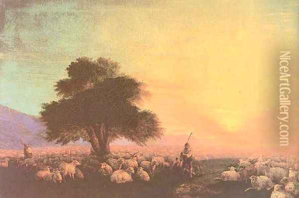 Flock of sheep with herdsmen sunset Oil Painting - Ivan Konstantinovich Aivazovsky