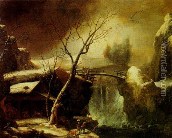 Rocky Winter Landscape With A Peasant Cutting Wood By A Waterfall Oil Painting - Francesco Foschi