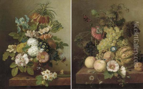 Summer Flowers In A Vase On A Marble Ledge; And Grapes, Peaches,melon And An Apricot On A Marble Ledge Oil Painting - Eelke Jelles Eelkema