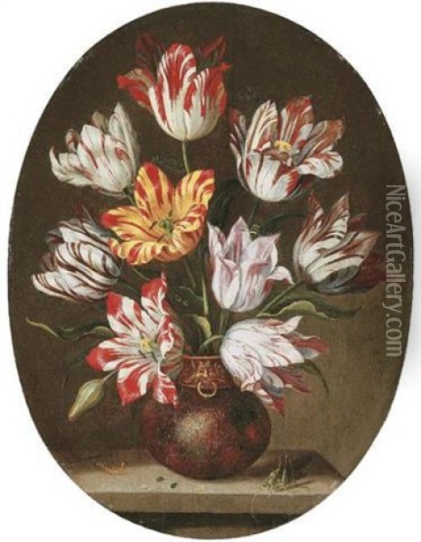 Tulips In A Vase With A Caterpillar And A Grasshopper On A Stone Ledge, And Dragonflies And A Bee Oil Painting - Jacob Marrel