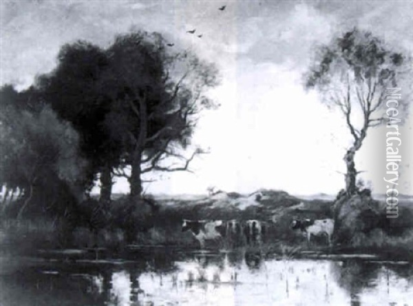Watering Cows Oil Painting - Theophile De Bock