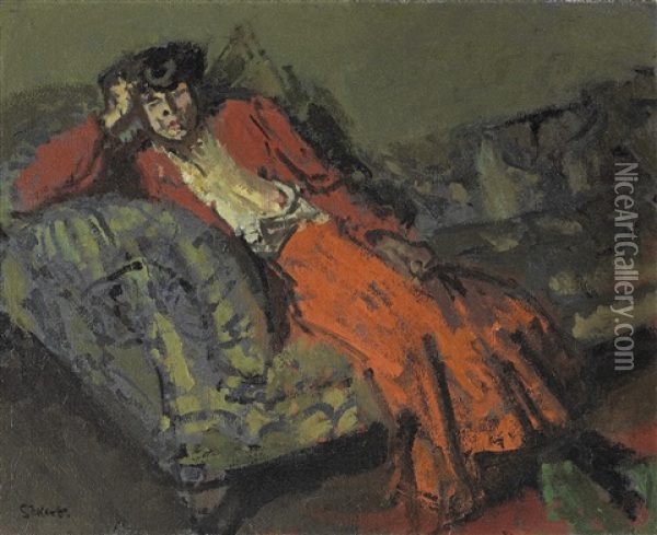 Woman In Red Against Green. Mrs Neville Oil Painting - Walter Sickert