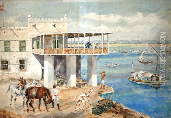 Turkish Cypriot Harbour Scene With Horses Oil Painting - Martha De Saumarez