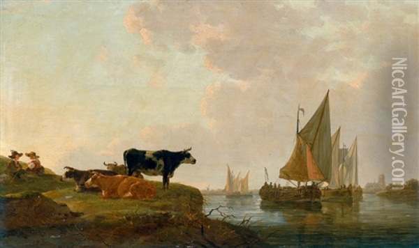 Hirten Mit Ihrer Herde Bei Einem Von Booten Befahrenen Flus Oil Painting - Jacob Van Stry