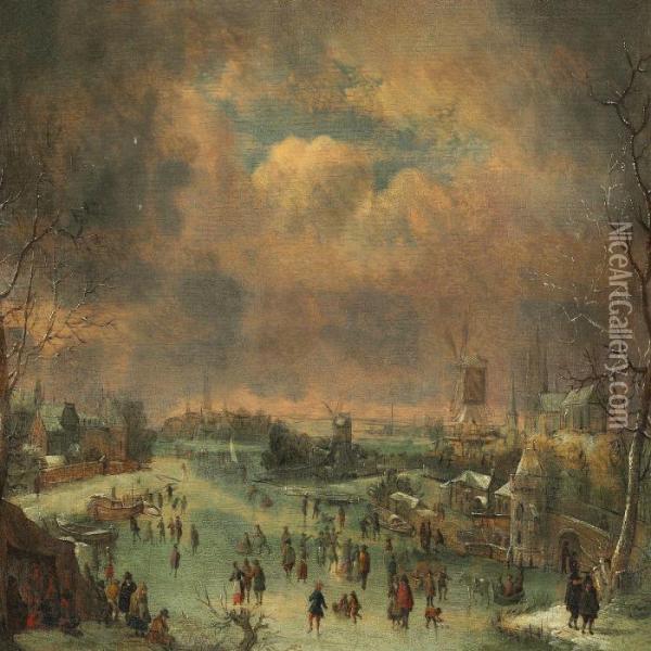 Winter Day With Skaters On A Lake In A Dutch Town Oil Painting - Jan Griffier I
