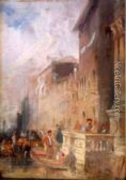 Figures On Palazzo Steps With Gondolas Alongside Oil Painting - Giacomo Guardi