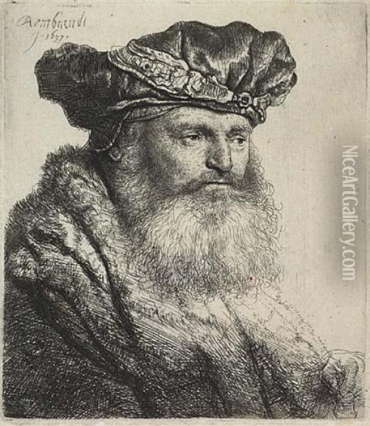 Bearded Man In A Velvet Cap With A Jewel Clasp Oil Painting - Rembrandt Van Rijn