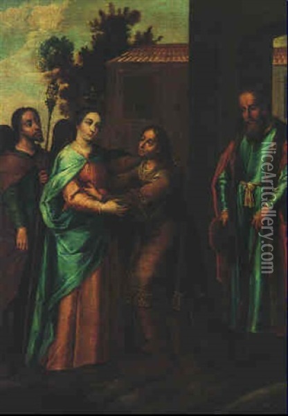 El Encuentro De La Virgen Maria Y Santa Isabel Oil Painting - Juan de Correa da Vivar