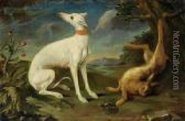 Ein Hund Mit Einem Erlegten Hasen In Einer Landschaft Oil Painting - Paul de Vos