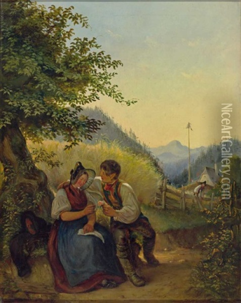 Liebespaar In Tracht Unter Einem Baum In Sommerlicher Voralpenlandschaft Oil Painting - Franz Zeilner