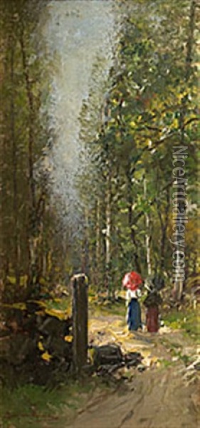 Promenerande Damer Med Parasoll Oil Painting - Johan Severin Nilsson