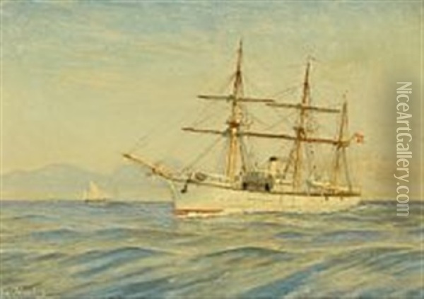 Marine With Ship And Mountains In The Background Oil Painting - Christian Blache
