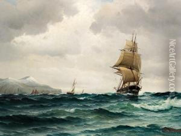Ships Off The Coast, Presumably Helgoland Oil Painting - Vilhelm Bille