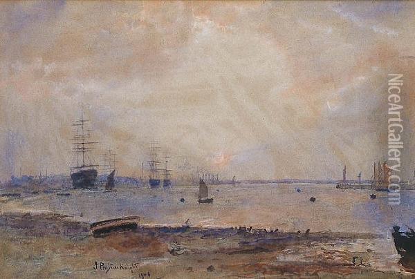 Ships Of The Line Moored In A Bay Oil Painting - John William Buxton Knight
