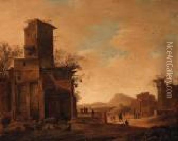 Peasants And Goats By Ruins In An Italianate Landscape Oil Painting - Dirck Verhaert