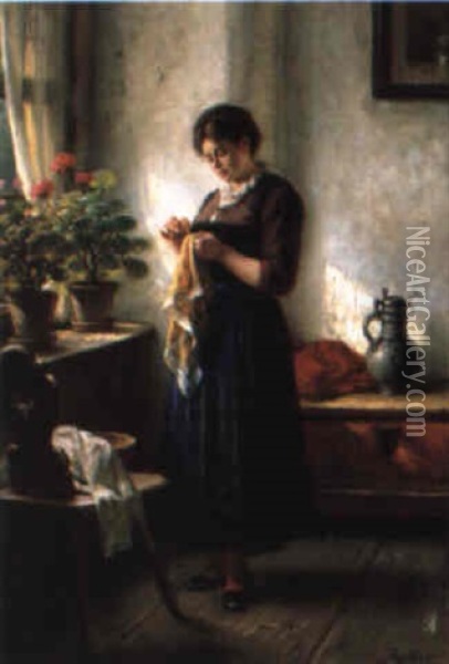 Sewing By A Sunny Window Oil Painting - Rudolf Epp