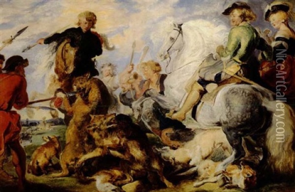 Wolf And Fox Hunt                                           After Peter Paul Rubens Oil Painting - Sir Edwin Henry Landseer