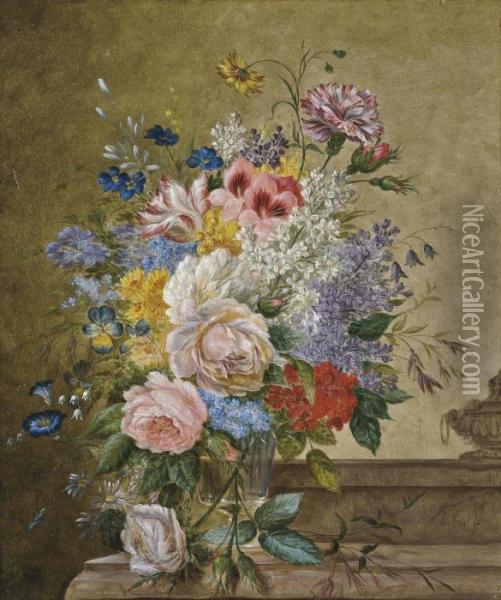 Roses, A Tulip, Carnations And Other Flowers In A Glass Vase On A Marble Ledge Oil Painting - Jan Evert Morel