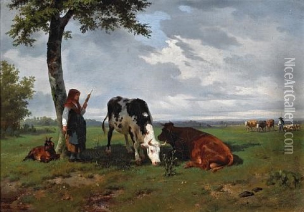A Shepherdess With A Goat And Two Cows In A Meadow Oil Painting - Rosa Bonheur