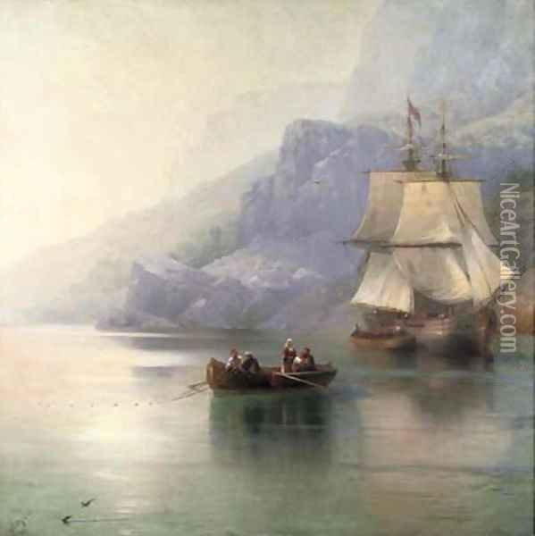 A fishing boat with a Russian merchant brig at anchor Oil Painting - Ivan Konstantinovich Aivazovsky