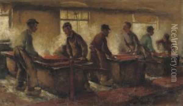De Krabbers (kantoenweverij): At The Weaving-looms Oil Painting - Alexander Gerhard Anton Ridder Van Rappard