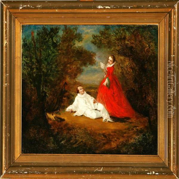 Forest Scene With An Elegant Lady In A Red Dress Singingfor Pierrot Oil Painting - Watteau, Jean Antoine