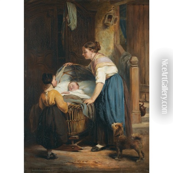 Mutter Und Kind An Der Wiege Oil Painting - Tommaso da Bescia Castellini