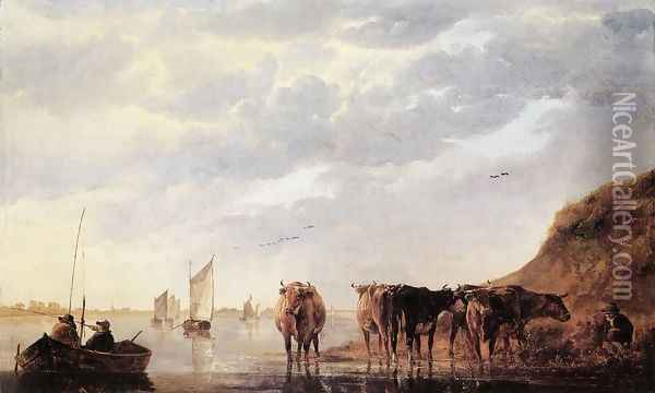 Herdsman with Cows by a River 1650 Oil Painting - Aelbert Cuyp