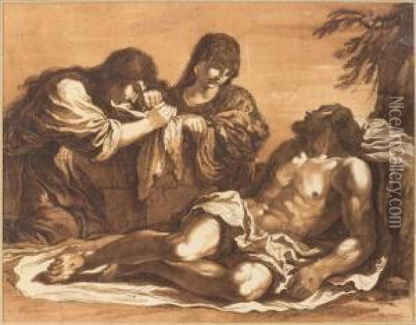 Lamentations Sur Le Christ Mort, D'apres Le Guerchin
 Plume Et Encre Brune, Lavis Brun Oil Painting - Giuseppe Palmieri
