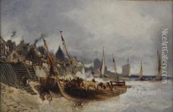 Bateaux De Peche A Quai Oil Painting - Eugene Deshayes