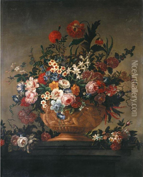 A Still Life Of Various Flowers In An Urn Resting On A Marble Ledge Oil Painting - Johannes Lotyn
