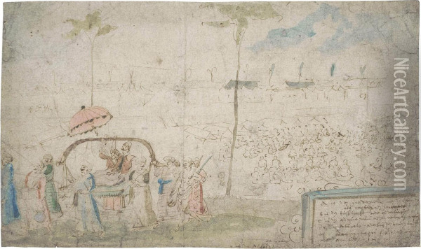 An Oriental Dignitary Being Carried In A Litter, A Military Camp Beyond Oil Painting - Louis de Caullery