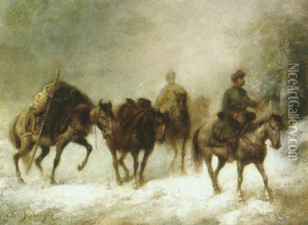 A Wallachian Caravan In A Winter Storm Oil Painting - Adolf Schreyer