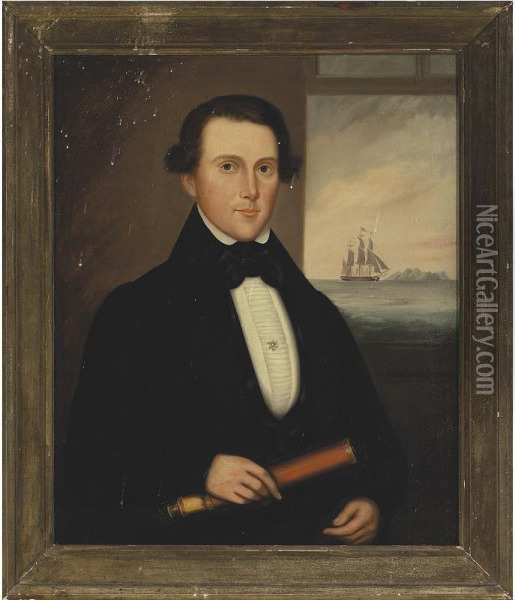 Portrait Of Captain Platt Out Of Portsmouth, With A Clipper Ship In The Distance Oil Painting - Frederick Mayhew