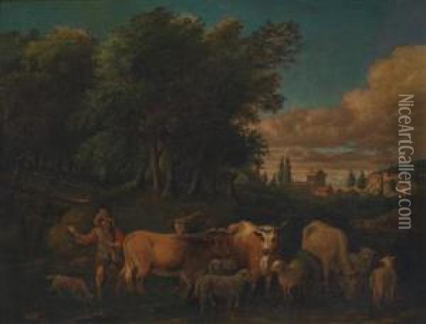 A Herdsman Outside A Town Oil Painting - Joseph Rosa Roos
