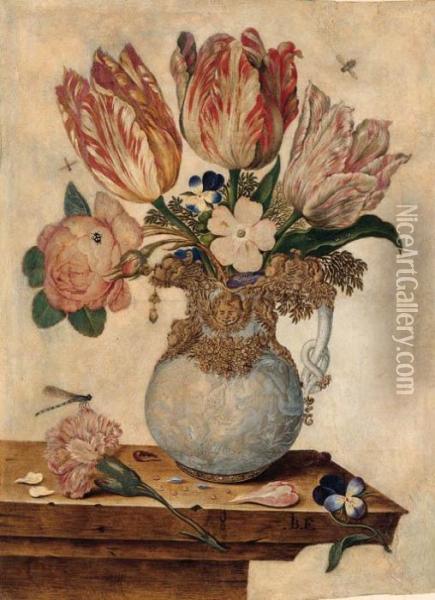 Tulips, Forget-me-nots, Peonies And Other Flowers In A Vase On Aledge Oil Painting - Jan Baptist van Fornenburgh