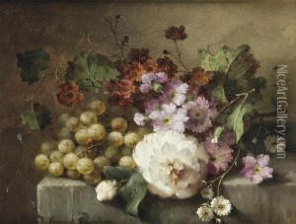 A Camellia, Carnations, Grapes And Other Flowers On A Marble Ledge Oil Painting - Margaretha Roosenboom