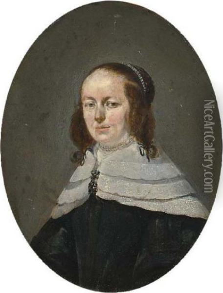 A Portrait Of A Bearded Man, 
Bust Length, Wearing A Black Coat With Lace Collar; A Portrait Of A 
Lady, Bust Length, Wearing A Black Dress With A Lace Collar And A Pearl 
Neck Lace Oil Painting - Gerard Terborch