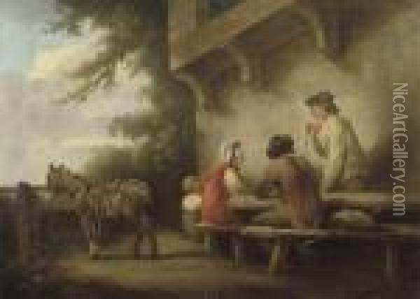 Figures Conversing At A Table Beside A Tethered Donkey, Outside Aninn Oil Painting - George Morland