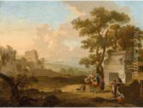 A Italianate Landscape With Travellers Conversing Before A Classical Tomb Oil Painting - Franz Ferg