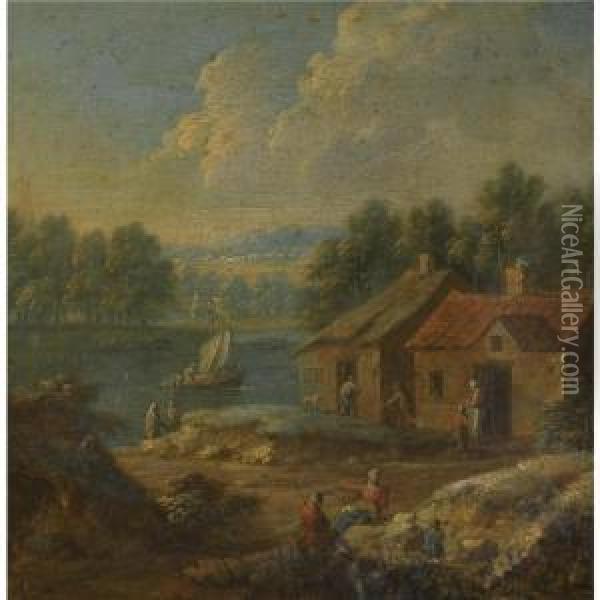 A River Landscape With Figures Conversing Before A Cottage Oil Painting - Marc Baets