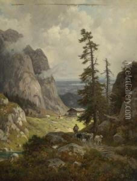 Gebirgslandschaft. Oil Painting - Henri Louis Ludwig