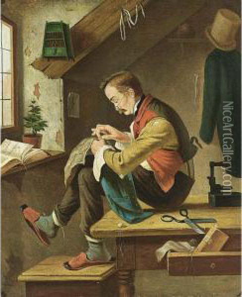 A Tailor Mending Clothes In His Studio Oil Painting - Rinaldo Rinaldi