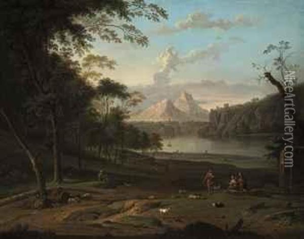 A Wooded, River Landscape With 
Shepherds And Their Flock, A Hilltoptown And Mountains Beyond Oil Painting - Jan Van Huysum