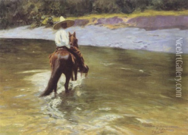 Mexican Horseman Crossing The Ford Oil Painting - Pierre Ribera