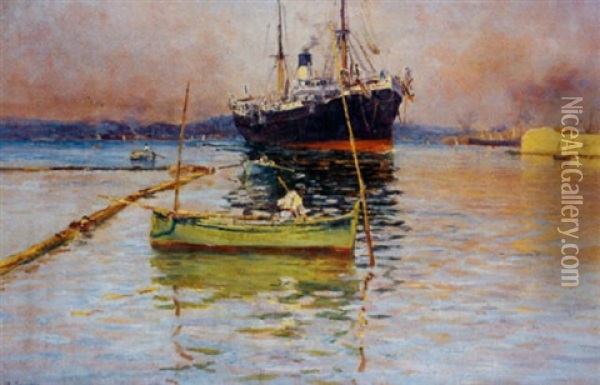 Barques De Peche Et Cargo Dans La Rade Oil Painting - Eugene Baptiste Emile Dauphin
