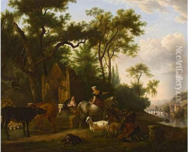 Scene Pastorale Pres D'une Fontaine. Oil Painting - Jean Louis (Marnette) De Marne