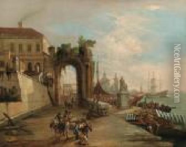 Porto Di Mare Con Monumento, Porta Urbana Palazzo E Carovana Di Mercanti Oil Painting - Luca Carlevarijs
