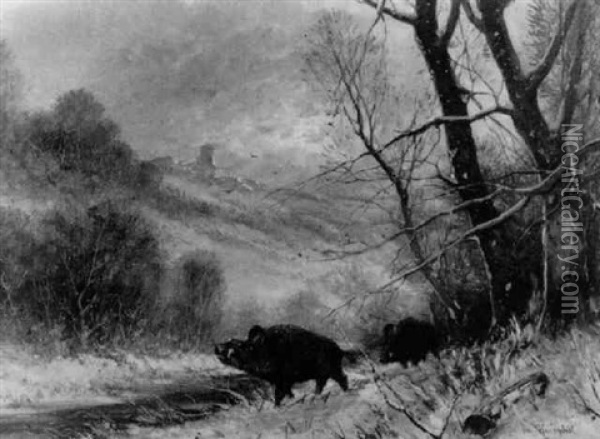 Abend Im Verschneiten Tal Mit Wildsauen Oil Painting - Friedrich Josef Nicolai Heydendahl