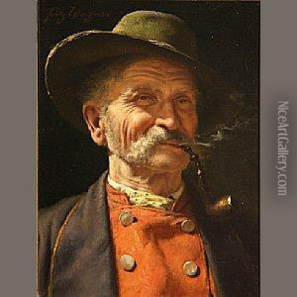 An Old Man Smoking A Pipe Oil Painting - Fritz Wagner